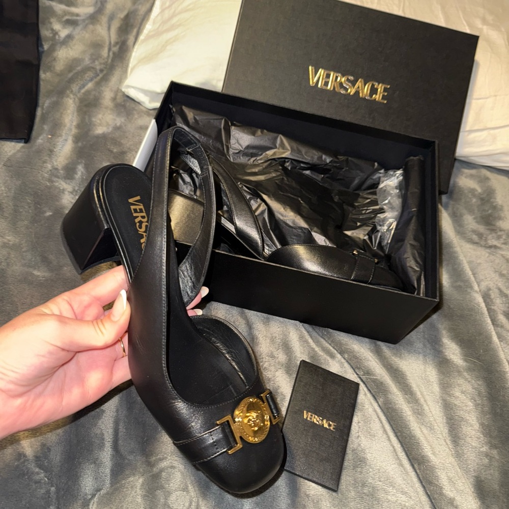 Versace Black and Gold Heeled Sandals